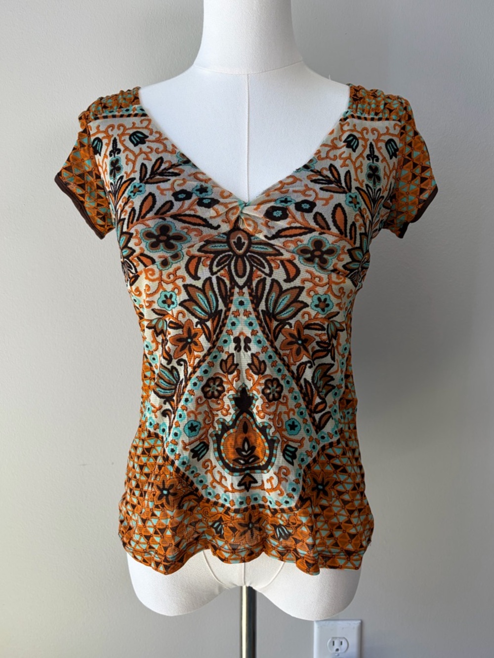 Nicole by Nicole Miller Y2K Patterned Mesh Babydoll Top Earthy Hippie 2000s